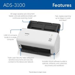 Brother ADS-3100 High-Speed Desktop Scanner | Compact with Scan Speeds of Up to 40ppm, White image 1