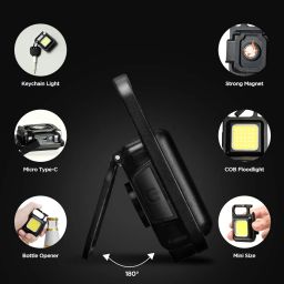 jeegol DOTCOM LED Mini Cob Keychain and Magentic Flashlight Portable USB Rechargeable Light 3 Light Modes with Folding Bracket,for Walking Camping?Square?,Black, 1000 Lumen image 4