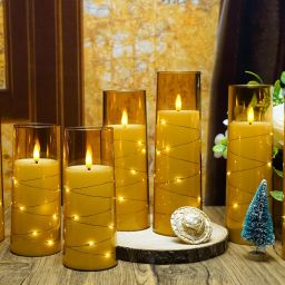 LTETTES Set of 6 Gold Acrylic Fiberglass Flameless Flickering LED Candles | 2X - 2.3" Dia x 5",6",7" Height, with Embedded Copper String Lights | AA Battery Powered with Remote for Home Decor & Gifts image 2