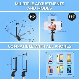 Kratos K1 Selfie Stick with Tripod Stand,Extendable Selfie Stick for Mobile Phone with Bluetooth Remote,3-in-1 Multifunctional Design for Redmi/Xiaomi/OnePlus/Samsung/Oppo/Vivo and All Phones image 2