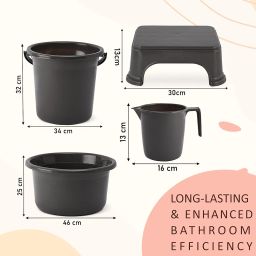 Kuber Industries Set of 4 Bathroom Combo Set | Bathing Set | Bathware Set | Tub-Bucket-Mug & Stool Combo Set for Bathroom | Modern Bathroom Accessories Set | Gray image 2