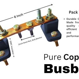 Whiteshark 2set of 6inch Copper Busbar| 4Nos 6mm Connection Points in one set | 2 Insulator, 2inch6mmMS NutBoltWasher-12Nos in One Set | Pack of-2Set image 1