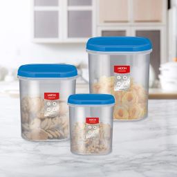 MILTON Quadra Modular Multi-Purpose Plastic Containers with Lid, Set of 3 (2L, 3L & 4L) Kitchen Storage Container Set for Spices, Atta, Grains Organizers, Transparent Dabba, Blue image 1
