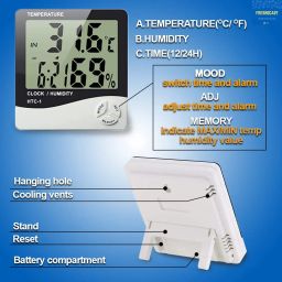 FreshDcart Measurement Room Temperature Device Meter Humidity Monitor HTC-1 Incubator with Rest Stand and Accurate Indoor LCD Thermometer Display & wall Mount Clock (white) image 3