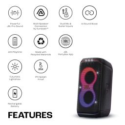 JBL Partybox 120 Wireless Bluetooth 160W Party Speaker, AI Sound Boost, Futuristic Light Show, Upto 12Hrs Playtime,Multispeaker Connection by Auracast, Guitar & Mic Input, Splashproof (Black) image 1