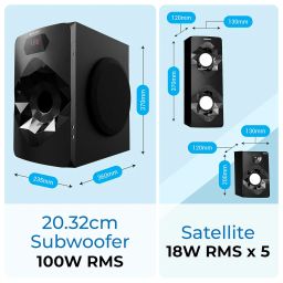 ZEBRONICS Dragon 2 5.1 Home Theater Speaker with 8" Subwoofer, 190W RMS Powerful Bass, Bluetooth 5.0, Wall Mount, AC-3 Surround Sound, Dual Mic Input, Remote Control & LED Display image 3