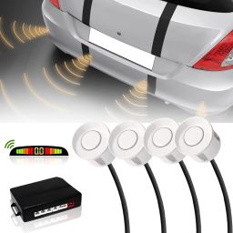 FABTEC Set of 4 pcs Car Parking Sensors with LED Parking Assistant Kit, Rear Object Detection with Buzzing Sound Warning (WHITE) image 1