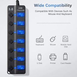 Hoppac Hub, 7 in 1 Thief with 1 USB 3.0 and 6 USB 2.0, Multiple USB Port Adapter for PC with Independent Switch and LED Indicator, Line Length 1 m image 4
