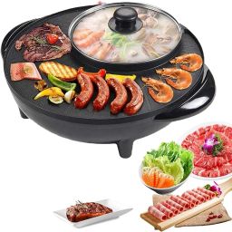 VBM Electric Hot Pot and Grill Combo, 2-in-1 Portable Countertop Cooker with Temperature Control Perfect for Korean BBQ, Shabu Shabu and Soup with Free Strainer, Chopsticks and Tong, Black image 1
