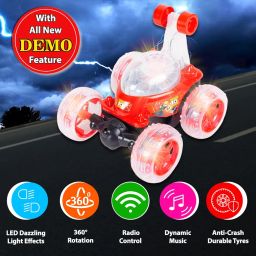 Gooyo 9802 Rechargeable 5 Functions 360° Rotating & Rolling Big Stunt Car Toy with USB Cable & Remote Controller with Demo Feature | Red Color, Power Source: Lithium Battery in Car (Included) image 2