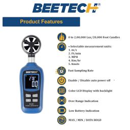 BEETECH Anemometer B-201, Range of 0.4~30m/s, measurable units in m/s, ft/min, MPH, km/hr, knots, meaures Ambient temperature with color LCD display, CE and RoHS compliant. image 1