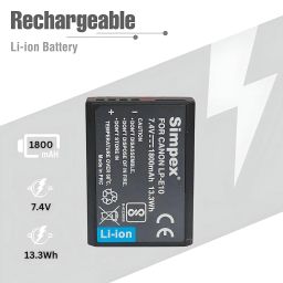 SIMPEX LP E10 Lithium Ion Rechargable Camera Battery for Canon EOS 1100D, 1200D, 1300D 1500D, 3000D, Rebel T3-T6, Kiss X50-X80, with USB-C Input, Multi-Protection (1800mAh) image 1