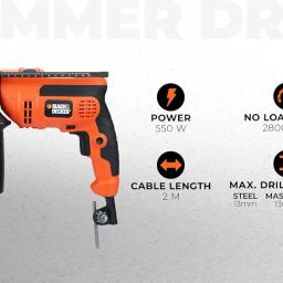BLACK+DECKER KR554RE 550W 13mm Corded Variable Speed Reversible Hammer Drill Machine with Lock-On & 4 Drill Bits, For Home & DIY Use for Masonry, Steel & Wood, 1 Year Warranty, ORANGE & BLACK image 1
