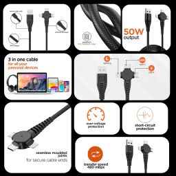 Blaze Trinity 50W 3 in 1 USB Type C Cable 1 m USB-A to Type-C + MicroUSB + Type-L Fast Charge Cable (Compatible with Mobile, Tablet, Laptop, Black, One Cable) image 2