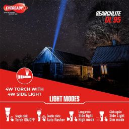 EVEREADY Searchlite Dl95 |Led Torch Cum Emergency Sidelight |4W Torch & 4W Emergency Sidelight | 4 Lighting Modes | 40000 Lux Output | India's Fast Charging Torch | Powered by Li-Ion Battery | Black image 1