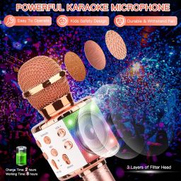ShinePick Wireless 4 in 1 Bluetooth Karaoke Microphone, Handheld Portable Speaker Machine, Home KTV Player with Record Function, Compatible with Android & iOS Devices(Pink) image 1