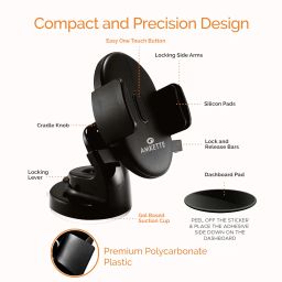 Amkette iGrip Easy View One Touch Car Mount for Dashboard and Windshield | 360 Degree Rotation | Compact Design | Re-usable Suction Gel | Drive Assist Companion App | (Black) image 1