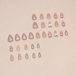 The Blue Box Set Of 24 Artificial Reusable Nails in Baby Pink with Cross and Bow Design image 3