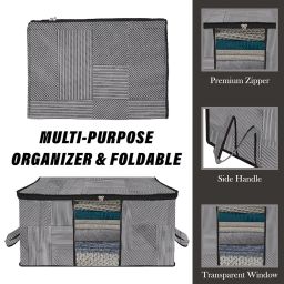 Kuber Industries Underbed Storage Bag | Clothes Storage Organizer | Blanket Cover with Clear Window | Zipper Closure & Handle Cloth Organizer | Lining-Design | Large | Pack of 2 | Gray image 3