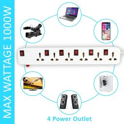 FEDUS 4 Meter Long Extension Board Extension Box|Spike Guard 6 Socket 6 Switch Junction Box With Switch,Extension Cords Cord,Spike Buster,Extension Board With Wire (6 Socket 6 Switch),240 Volts,White image 1