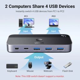 UGREEN USB 3.0 Switch 2 Computers Sharing USB C & A Devices, 4 Port USB A Switcher Sharing Keyboard and Mouse, Printer/Scanner with 2 USB 3.0 Cables and Remote image 1