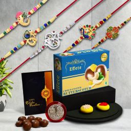 DeoDap (K5_Nc4_Bs32) Multicolor Bracelet/ Rakhi With Effete Chocolate Butter Scotch, Silver Color Pooja Coin, Roli Chawal & Greeting Card| Handmade Rakhi |Stylish Set Of 5 Rakhi | image 2