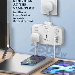 2500W 10A Extension Power Strip with USBs | 2 Power Sockets & 20W Type C USB PD QC 3.0 Fast Charging Ports | Multi Port Extension with Individual Switches image 5