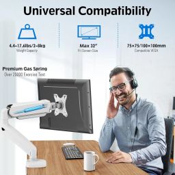 MOUNTUP Single Monitor Desk Mount, Adjustable Gas Spring Monitor Arm, Support Max 32 Inch, 4.4-17.6lbs Screen, Computer Monitor Stand Holder with Clamp/Grommet Mounting Base, VESA Mount Bracket, White image 1