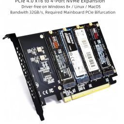 LM417 Quad NVMe SSD to PCIe 4.0/3.0 X16 Adapter Card, Supports 4-Drive M.2 NVMe, RAID, Boot, Required Mainboard with Built-in PCIe Bifurcation/Splitting image 1