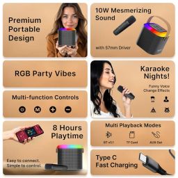 pTron Newly Launched Fusion Tunes 10W Mini Bluetooth Speaker with Wireless Karaoke Mic, 8Hrs Playtime, Vivid RGB Lights, Voice Effects, Multi-Play Modes BT5.1/TF Card & Type-C Charging Port (Black) image 1