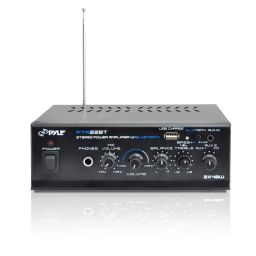 Bluetooth Mini Blue Series Home Audio Amplifier - Compact Desktop Home Theater Stereo Amplifier Receiver with USB Charge Port | Pager & Mixer Karaoke Modes | Mic Input (40 Watt x 2) | Pyle PTA22BT image 1