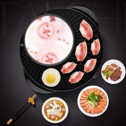 VBM Electric Hot Pot and Grill Combo, 2-in-1 Portable Countertop Cooker with Temperature Control Perfect for Korean BBQ, Shabu Shabu and Soup with Free Strainer, Chopsticks and Tong, Black image 5