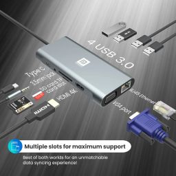 Portronics Mport 11C USB C Hub (11-in-1), Multiport Adapter with 4K HDMI, Ethernet, 100 W PD Charging, VGA, 4 x USB 3.0, SD/microSD Card Reader for PC, Laptops, MacBook (Grey) image 3