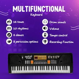 Gooyo Portable Musical Piano Keyboard with Microphone |61 Keys, 8 Rhythms, 8 Tones with 6 in-Built Demos & Song Record Feature|Black Color, Dual Power Supply Source: Micro USB Cable(Included) image 1