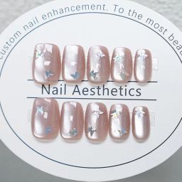 Secret Lives Cats Eye Reusable Luxury Artificial Nude Brown Color with Miler Effect Butterfly Fake False 24 PCS Set with Kit | Easy To Use Press on Nails image 1