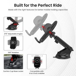 Portronics Charge Clamp 2 Mobile Holder with Wireless Charging with 15W Wireless Output, 360° Rotation, 270° Adjustable Angles, LED Display, Type C Charging Port, 1M Type C Cable(Black) image 4