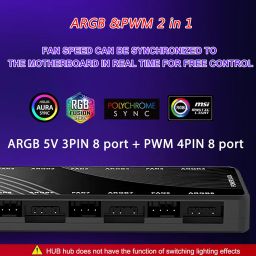 ARGB and PWM Fan HUB, ARGB Fan HUB 12V 4Pin PWM & 5V 3Pin ARGB with SATA Power 2-in-1 ARGB Fan PSU SATA Power Input, 8 Port for Fans and Support 8 Computer ARGB PWM PC Fans image 2