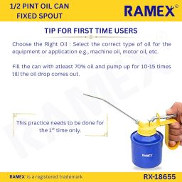 Ramex Oil Can, Oil Can For Vehicles, Multipurpose Metal Oil Can, Oil Can Pump Oiler With Fixed Spout, For All Lubrication Need Of Car, Bikes, Machines And Industrial Use -1/2 Pint Capacity. Glossy Blue & Yellow Oil Can image 3