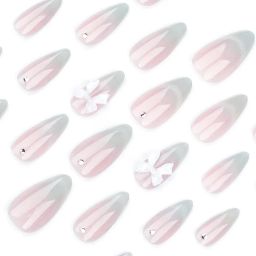 24 Reusable Artificial Fake Nail Set |Base Peach colour with Silver White Bow Design Glossy Nails | Lightweight & Long Lasting| Quick Fix For Festivals & Special Occasions image 2