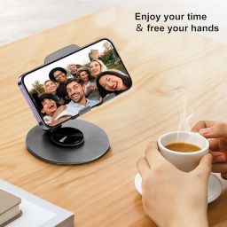 AMBLIC New 360° Rotation Metal Mobile Stand for Desk, Foldable Height and Angle Adjustable Cell Phone Stand for Table & Desktop, Office Compatible with All Smartphones & Tablets 4-10'' image 2