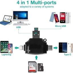 Meshiv 4 in 1 OTG Card Reader with Four Ports (Lightening + Type C + Micro USB + USB Card Reader Black) image 1