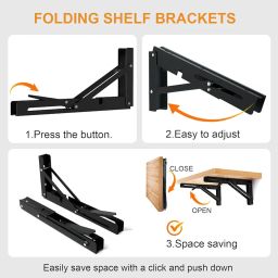 Storystore Folding Shelf Brackets - 10 Inch Heavy Duty Metal Collapsible Shelf Bracket for Bench Table, Shelf Hinge Wall Mounted Space Saving DIY Bracket, Max Load: 150 lb (2 PCS, Black) image 2