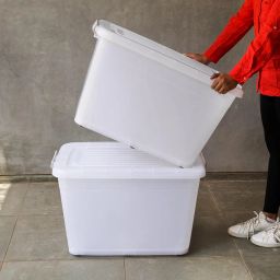 NOW & ZEN 110 Litre Large Plastic Container Multipurpose Stackable Storage Box with Lid, Handles, & Wheels | Dimensions: (LxWxH): (70 x 51 x 45) CM | Semi-Transparent image 1