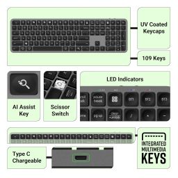 ZEBRONICS K5002MW Slim Wireless Keyboard with in-Built Battery, Copilot AI Key, Windows | Mac | iOS | Android, Scissor Switch, 3 Bluetooth + 2.4Ghz, 109 Keys, 13 Multimedia Keys, Type C Charging image 3