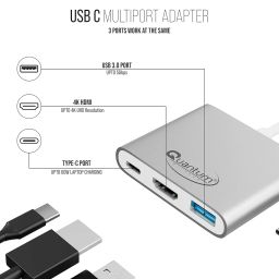 Quantum 3-in-1 USB Type C to Hdmi 4K Adapter, USB 3.0, USB C, Aluminium USB C Hub, High Speed Upto 5Gbps, 60W Power Pass Through for Laptop, Mac, Tablet & Other Type C Devices, Qhm7622 (Silver) Port image 1