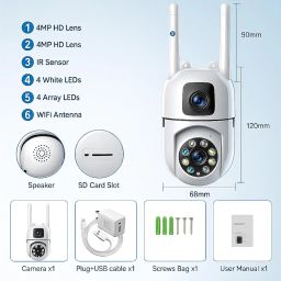 4+4MP Dual Lens Smart Wi-Fi Indoor Camera with 1080P Color Night Vision, Two-Way Audio, PTZ Control, Siren, 360° Coverage, Motion Detection & 128GB SD Support (Wall Camera) image 1