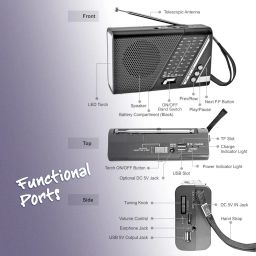 PAGARIA Portable FM/AM/SW Radio with 5 Watts Sound, Bluetooth/USB/TF, Earphone Port & Torch image 4