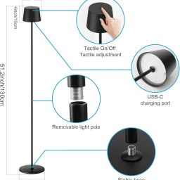 AMPLIN LED Floor Lamp with Touch Control, 3000K Warm White, Dimmable & Height Adjustable, USB Rechargeable, Cordless Standing Lamp for Indoor & Outdoor Use, Portable & Modern Design image 1