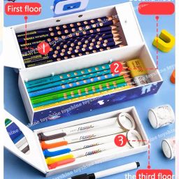 Toyshine Pencil Box With Code Lock Pen Case Large Capacity Multi-Layer Multi-Function Storage Bag Secret Compartment Pencil Box - Space Blue - Plastic image 1
