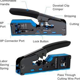 XIKKART RJ45 Crimping Tool Kit, Passthrough Cat7 Cat6A Cat6 Cat5E Cat5 RJ45 Ethernet Crimp Tool with 10PCS Cat7 Pass Through Connectors 10PCS Cat6 Pass Through Connectors 10PCS Covers 1 Network Tester image 2